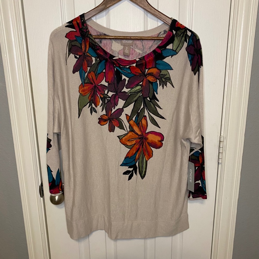 Chico's Beige Scoop Neck Sweater with Multicolor Floral Print